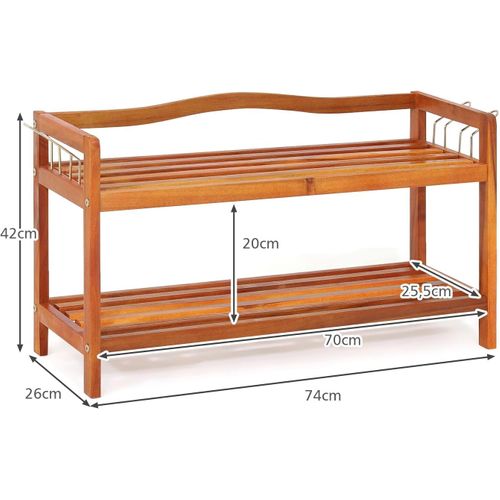 Etagere Chaussure à 2 Niveaux En Bois D’acacia, Crochets Métalliques Latéraux (2 Niveaux)