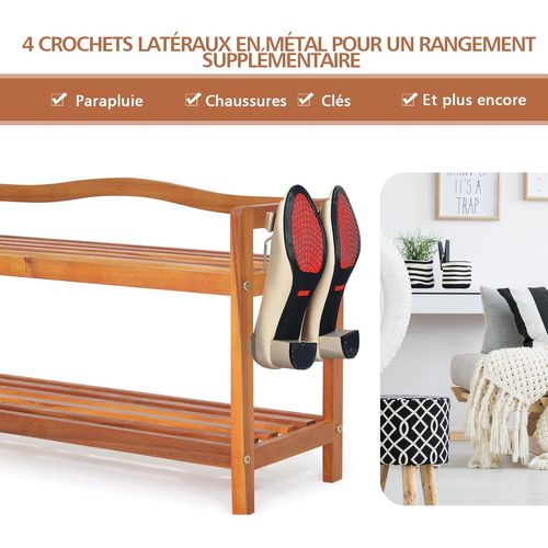 Etagere Chaussure à 2 Niveaux En Bois D’acacia, Crochets Métalliques Latéraux (2 Niveaux)