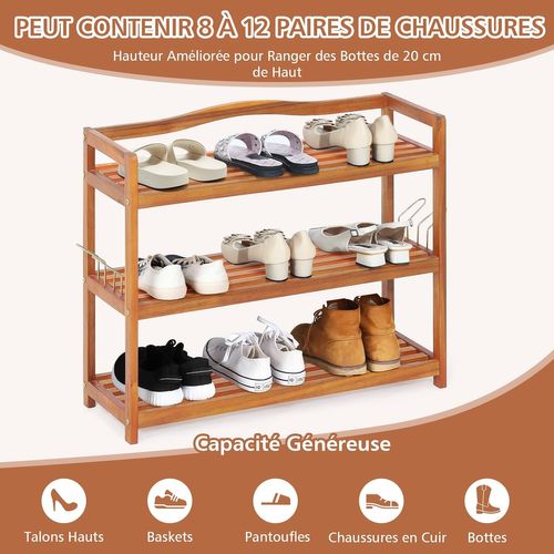 Etagere Chaussure à 3 Niveaux En Bois D’acacia, Crochets Métalliques Latéraux (3 Niveaux)
