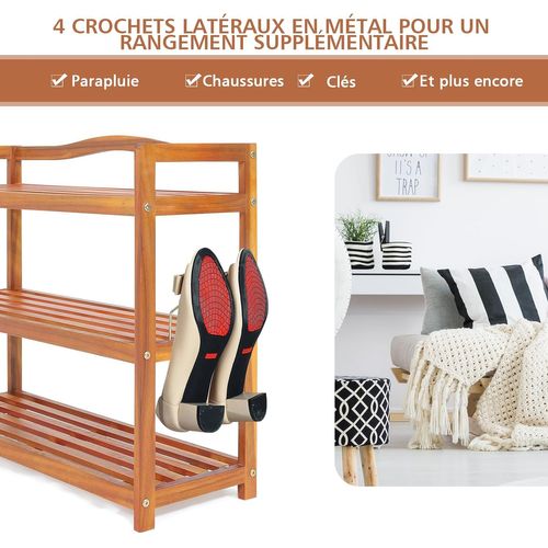 Etagere Chaussure à 3 Niveaux En Bois D’acacia, Crochets Métalliques Latéraux (3 Niveaux)