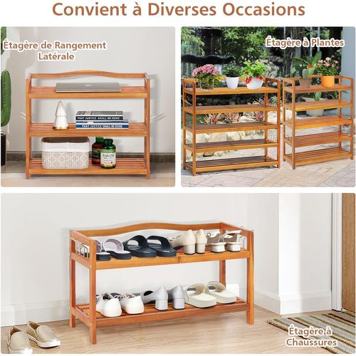 Etagere Chaussure à 3 Niveaux En Bois D’acacia, Crochets Métalliques Latéraux (3 Niveaux)