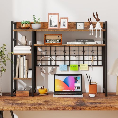 Étagère De Bureau à 4 Niveaux Avec Panneau à Grille Métallique Et 6 Crochets (brun Rustique)