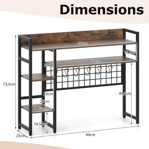 Étagère De Bureau à 4 Niveaux Avec Panneau à Grille Métallique Et 6 Crochets (brun Rustique)