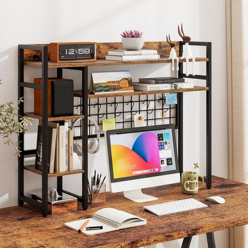 Étagère De Bureau à 4 Niveaux Avec Panneau à Grille Métallique Et 6 Crochets (brun Rustique)