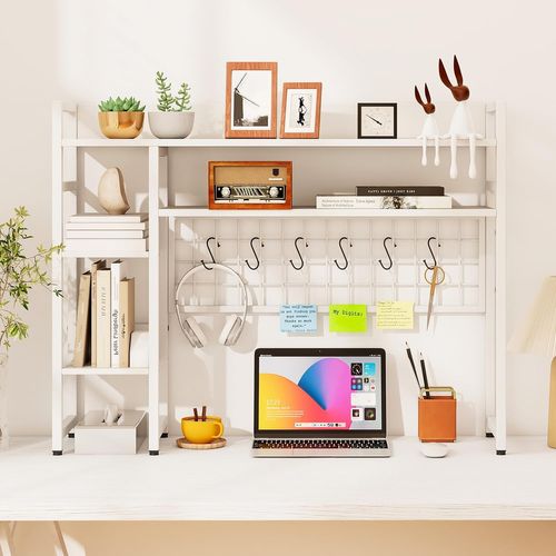 Étagère De Bureau, Étagère à 4 Niveaux Avec Panneau à Grille Métallique Et 6 Crochets (blanc)