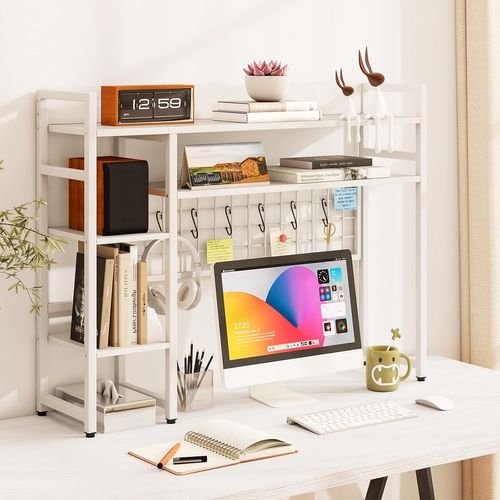 Étagère De Bureau, Étagère à 4 Niveaux Avec Panneau à Grille Métallique Et 6 Crochets (blanc)