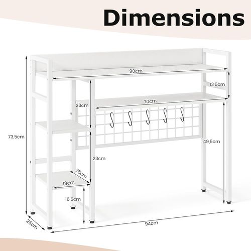 Étagère De Bureau, Étagère à 4 Niveaux Avec Panneau à Grille Métallique Et 6 Crochets (blanc)