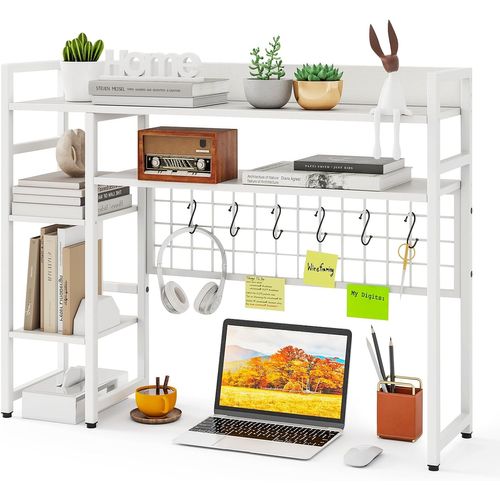 Étagère De Bureau, Étagère à 4 Niveaux Avec Panneau à Grille Métallique Et 6 Crochets (blanc)
