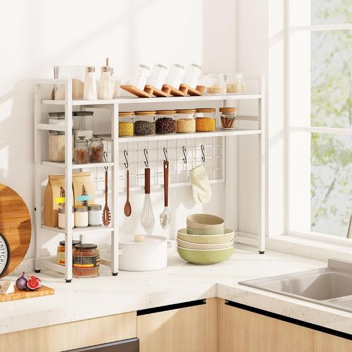 Étagère De Bureau, Étagère à 4 Niveaux Avec Panneau à Grille Métallique Et 6 Crochets (blanc)