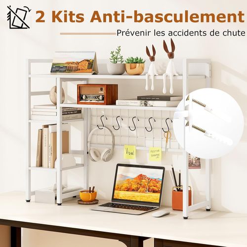 Étagère De Bureau, Étagère à 4 Niveaux Avec Panneau à Grille Métallique Et 6 Crochets (blanc)