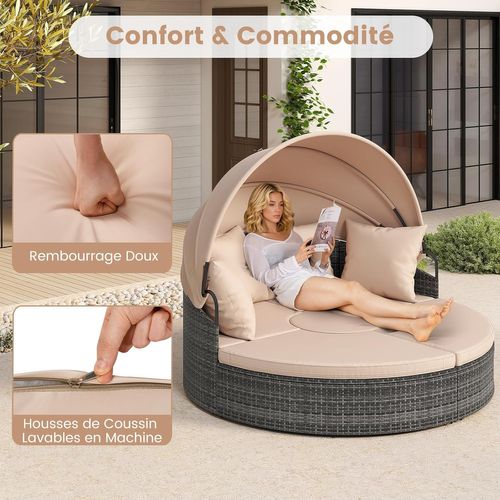 Lit De Jardin Rond En Rotin Pe Avec Auvent Rétractable, Coussins Amovibles Et Table Basse (kaki)