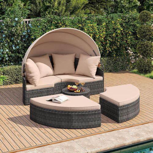 Lit De Jardin Rond En Rotin Pe Avec Auvent Rétractable, Coussins Amovibles Et Table Basse (kaki)