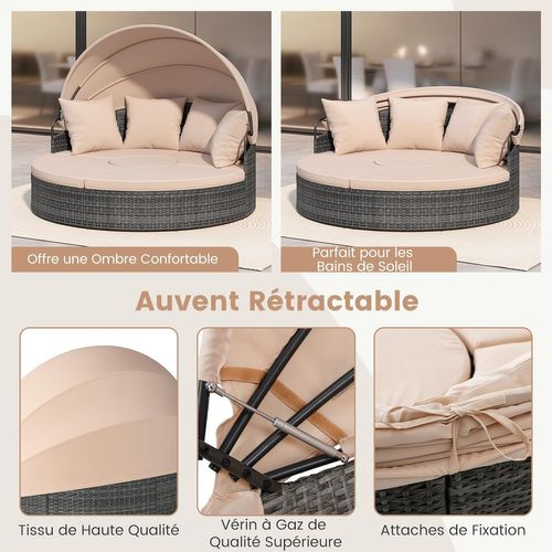 Lit De Jardin Rond En Rotin Pe Avec Auvent Rétractable, Coussins Amovibles Et Table Basse (kaki)