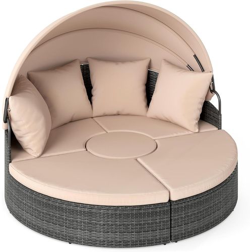 Lit De Jardin Rond En Rotin Pe Avec Auvent Rétractable, Coussins Amovibles Et Table Basse (kaki)