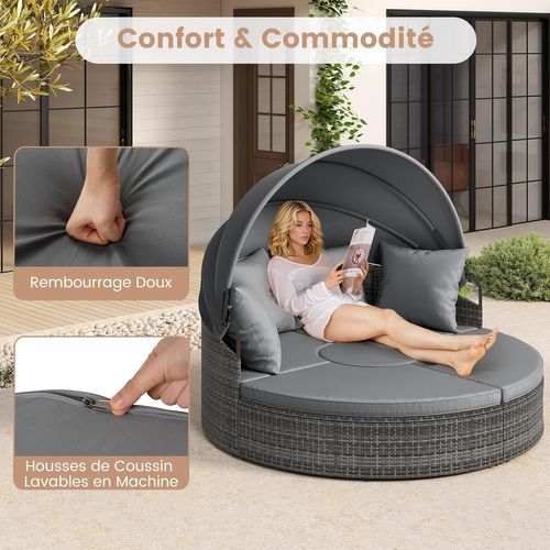 Lit De Jardin Rond En Rotin Pe Avec Auvent Rétractable, Coussins Amovibles Et Table Basse (gris)