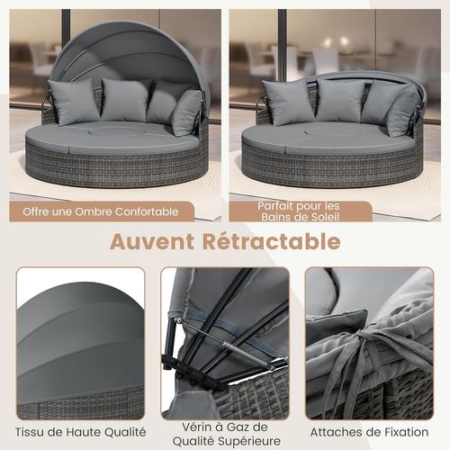 Lit De Jardin Rond En Rotin Pe Avec Auvent Rétractable, Coussins Amovibles Et Table Basse (gris)