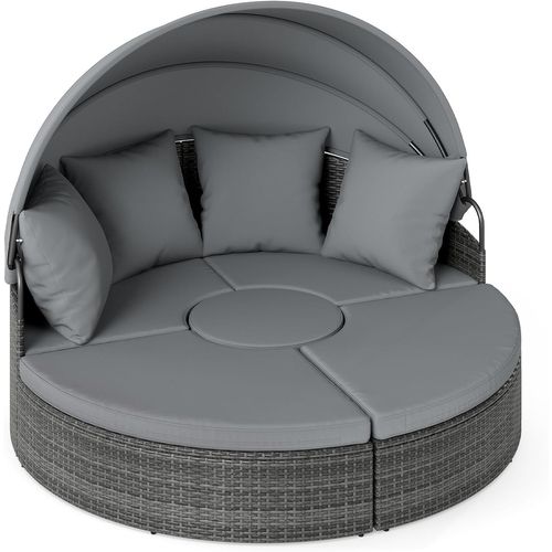 Lit De Jardin Rond En Rotin Pe Avec Auvent Rétractable, Coussins Amovibles Et Table Basse (gris)