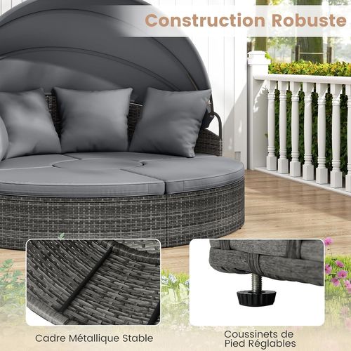 Lit De Jardin Rond En Rotin Pe Avec Auvent Rétractable, Coussins Amovibles Et Table Basse (gris)