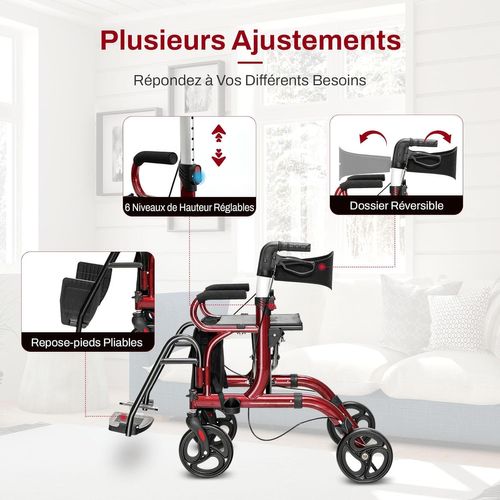 Déambulateur Pliable 2 En 1 Avec Dossier Réversible, Aluminium, Réglables Repose-pieds (rouge)
