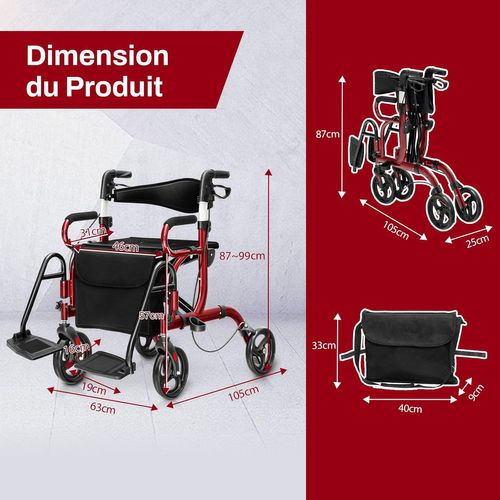 Déambulateur Pliable 2 En 1 Avec Dossier Réversible, Aluminium, Réglables Repose-pieds (rouge)