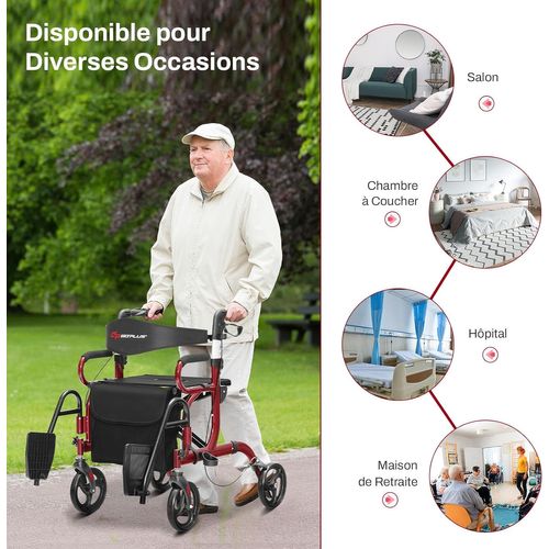 Déambulateur Pliable 2 En 1 Avec Dossier Réversible, Aluminium, Réglables Repose-pieds (rouge)