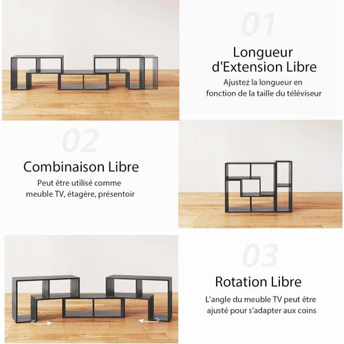Meuble TV Bois 6 Compartiments En 3 Pièces Modulaire, Meuble TV Angle Extensible 134-180cm