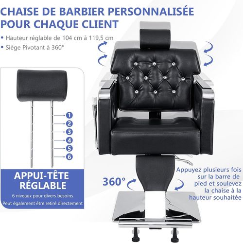 Fauteuil De Coiffure Hydraulique Rotative à 360°, Dossier Rembourré Appui-tête Réglable