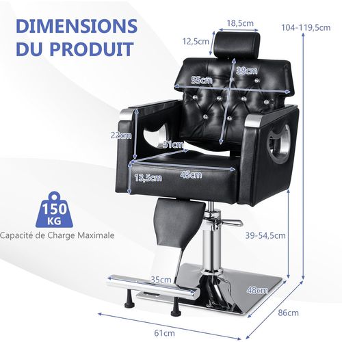 Fauteuil De Coiffure Hydraulique Rotative à 360°, Dossier Rembourré Appui-tête Réglable