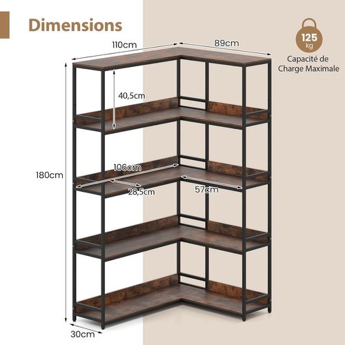 Bibliothèque En L à 5 Niveaux, Bibliothèque D'angle, Étagère 180 Cm, Brun Rustique