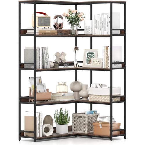 Bibliothèque En L à 5 Niveaux, Bibliothèque D'angle, Étagère 180 Cm, Brun Rustique