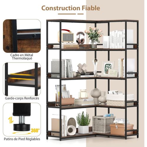 Bibliothèque En L à 5 Niveaux, Bibliothèque D'angle, Étagère 180 Cm, Brun Rustique