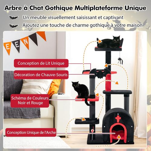 Arbre à Chat Gothique 134 Cm, Condo En Forme De Cercueil, Coussin Amovible, (58 × 48 × 134 Cm)