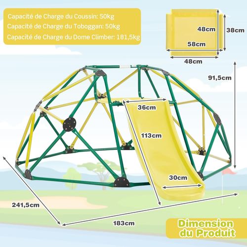 Dôme D'escalade De 241cm Enfant Avec Toboggan, Cage D'escalade En Métal Avec Coussin En Tissu
