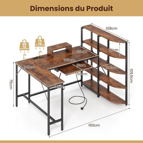 Bureau En L Avec Bibliothèque Étagères, Crochet Pour Casque Et Tiroir Pour Clavier (marron Rustique)