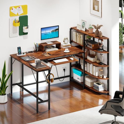 Bureau En L Avec Bibliothèque Étagères, Crochet Pour Casque Et Tiroir Pour Clavier (marron Rustique)
