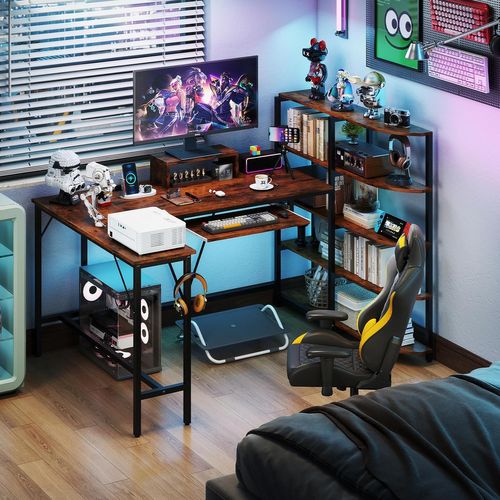 Bureau En L Avec Bibliothèque Étagères, Crochet Pour Casque Et Tiroir Pour Clavier (marron Rustique)