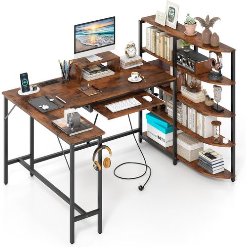 Bureau En L Avec Bibliothèque Étagères, Crochet Pour Casque Et Tiroir Pour Clavier (marron Rustique)
