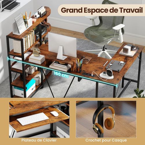 Bureau En L Avec Bibliothèque Étagères, Crochet Pour Casque Et Tiroir Pour Clavier (marron Rustique)