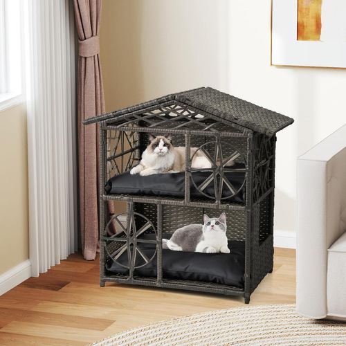 Niche Pour Chat En Rotin Pe à 2 Étages, 2 Coussins Amovibles, 69 X 40,5 X 70 Cm