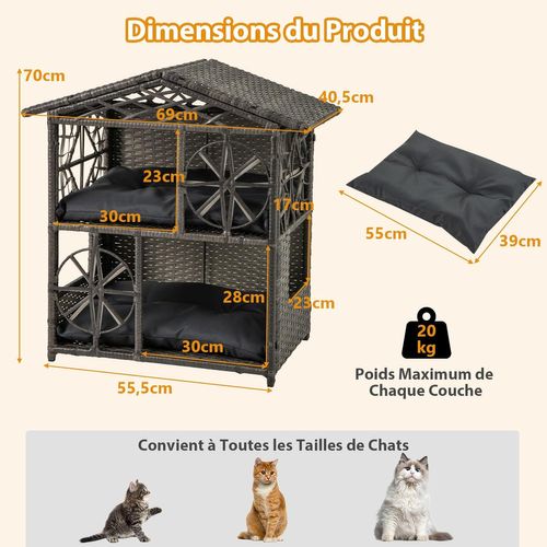 Niche Pour Chat En Rotin Pe à 2 Étages, 2 Coussins Amovibles, 69 X 40,5 X 70 Cm