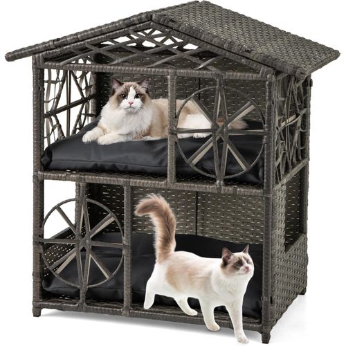 Niche Pour Chat En Rotin Pe à 2 Étages, 2 Coussins Amovibles, 69 X 40,5 X 70 Cm