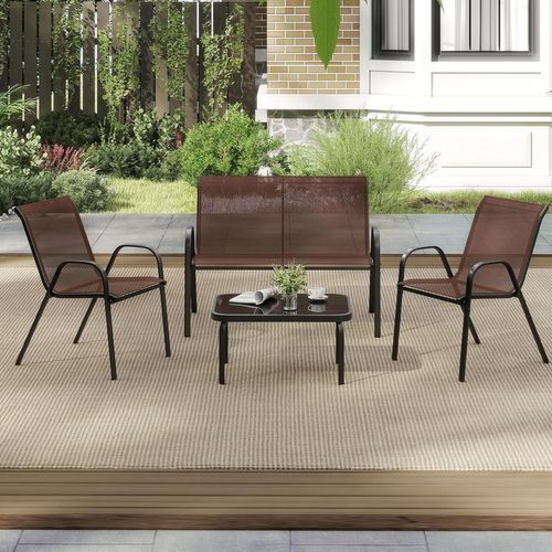 Ensemble Salon De Jardin 4 Pièces En Acier, 2 Fauteuils, 1 Canapé Et 1 Table Basse En Verre (brun)