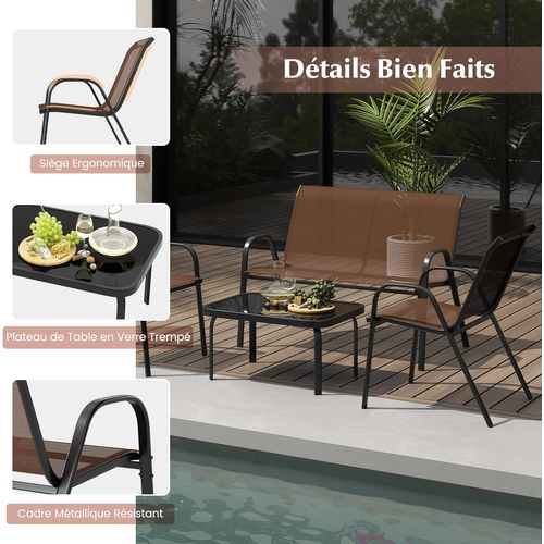 Ensemble Salon De Jardin 4 Pièces En Acier, 2 Fauteuils, 1 Canapé Et 1 Table Basse En Verre (brun)