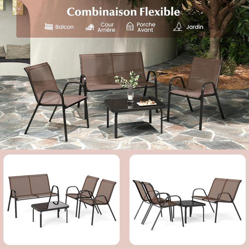 Ensemble Salon De Jardin 4 Pièces En Acier, 2 Fauteuils, 1 Canapé Et 1 Table Basse En Verre (brun)