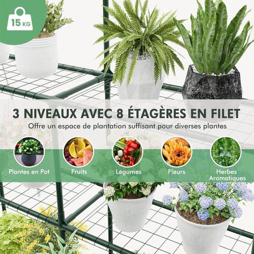 Serre De Jardin Extérieure Couverture En Pvc Avec 8 Étagères, Porte Zippée, 139 X 144 X 195 Cm