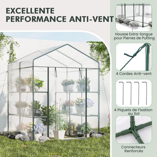 Serre De Jardin Extérieure Couverture En Pvc Avec 8 Étagères, Porte Zippée, 139 X 144 X 195 Cm