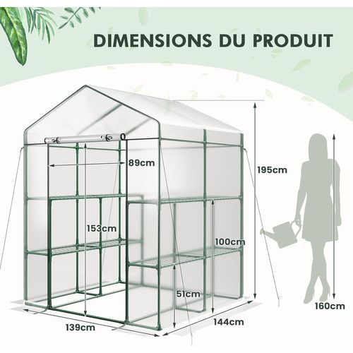 Serre De Jardin Extérieure Couverture En Pvc Avec 8 Étagères, Porte Zippée, 139 X 144 X 195 Cm