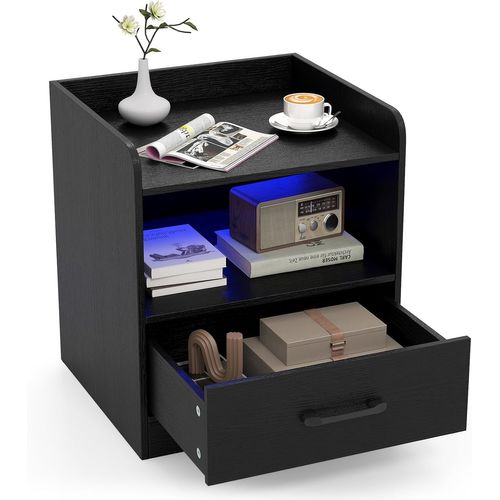 Table De Nuit LED 3 Niveaux, Table De Chevet Avec Tiroir, Étagère Ouverte, Chevet De Lit (1)