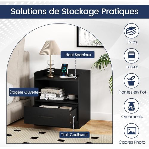 Table De Nuit LED 3 Niveaux, Table De Chevet Avec Tiroir, Étagère Ouverte, Chevet De Lit (1)