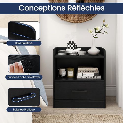 Table De Nuit LED 3 Niveaux, Table De Chevet Avec Tiroir, Étagère Ouverte, Chevet De Lit (1)